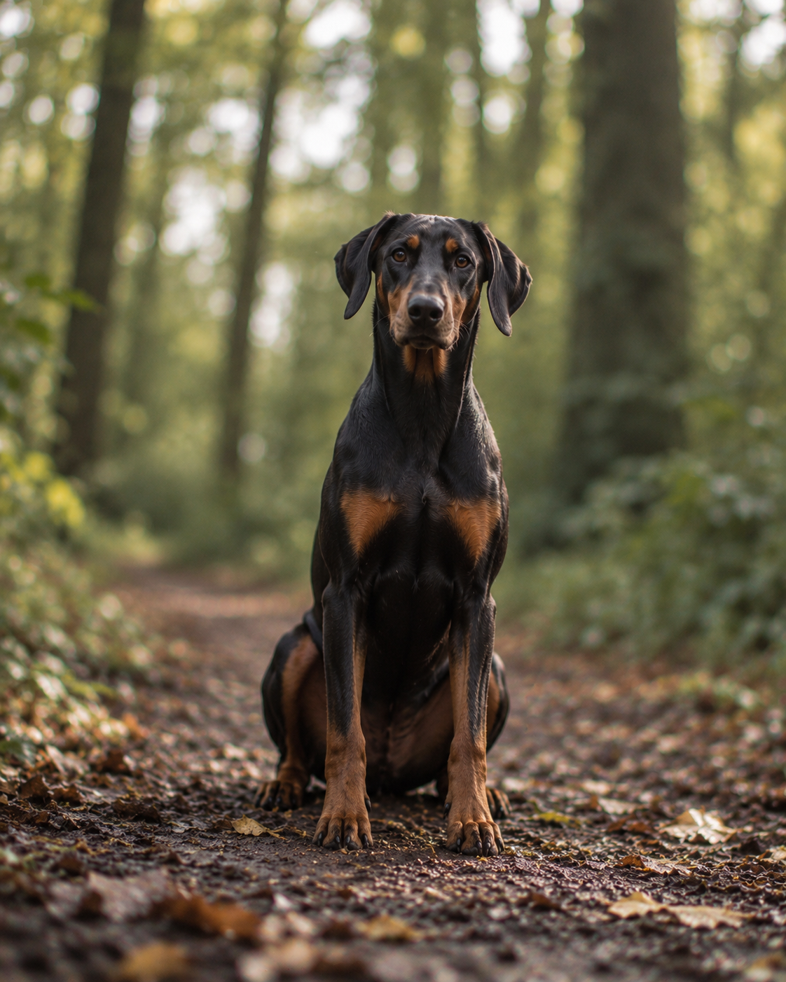 Doberman sitting on a woodland path, looking towards the camera