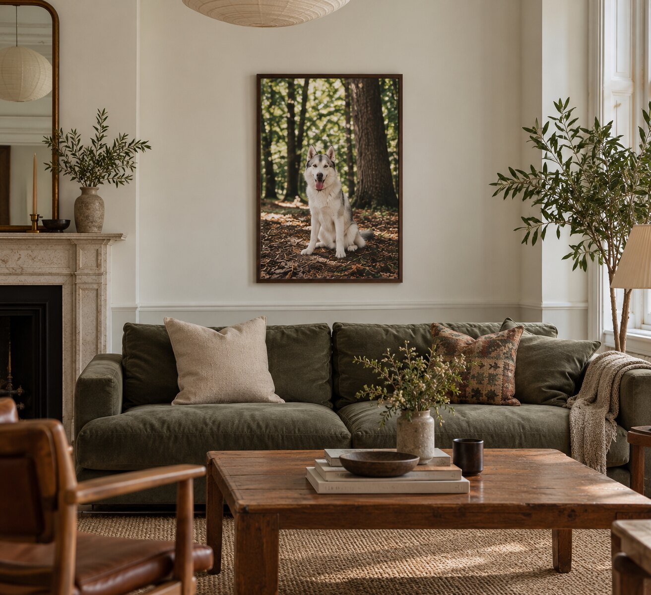 Framed woodland dog portrait displayed above a sofa in a modern living room