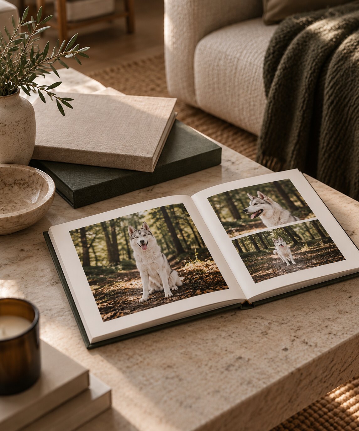 Open photo album displaying woodland dog portraits on a stone table