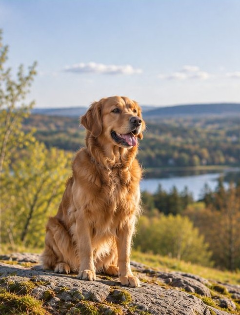 Golden retriever sitting on a rocky ledge with a lake and hills behind