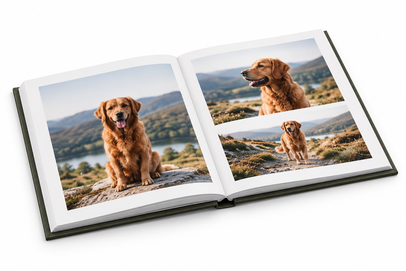 Open luxury photo album with a dark green cover, showing photographs of a golden retriever beside a lake and on a mountain trail