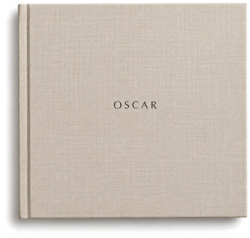 Oatmeal linen photo memory book with the name OSCAR on the front