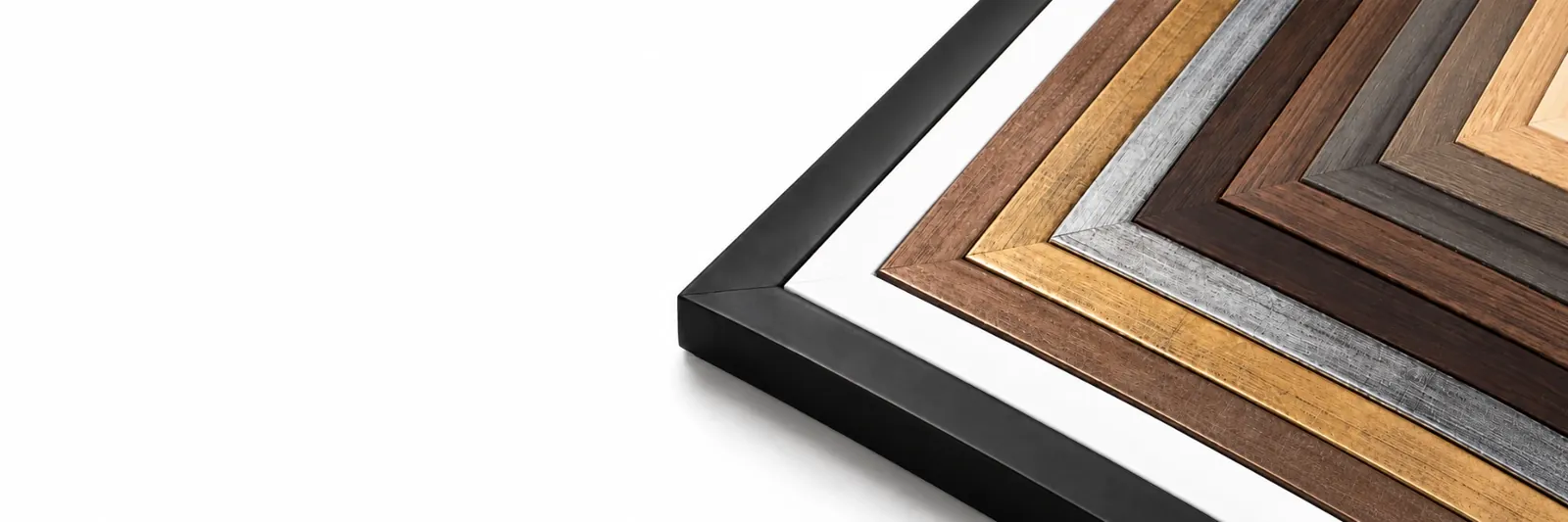 Picture frame corners in satin, metallic and natural wood-grain finishes, fanned out and overlapping
