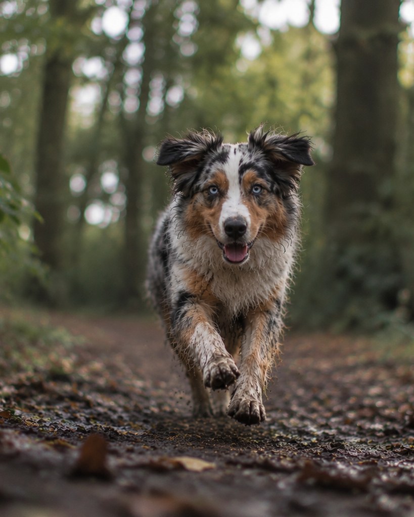 Australian Shepherd running towards the camera along a woodland path